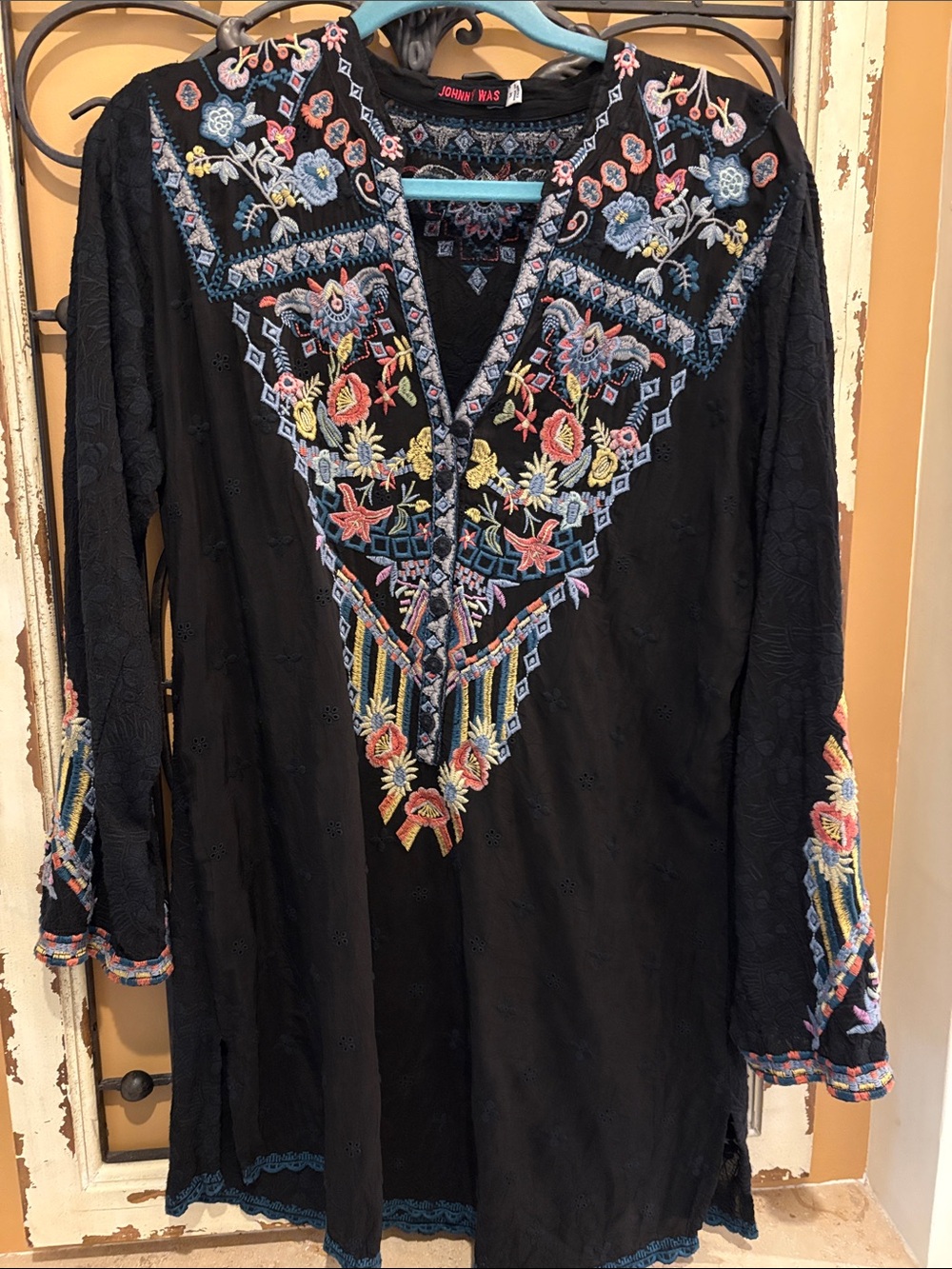 Johnny Was Croydon Black Embroidered V-Neck Tunic with Multi-Color Floral Motif